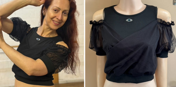 ITEM # 504A BLACK MIDRIFF COLD SHOULDER TOP WITH MINI EYE