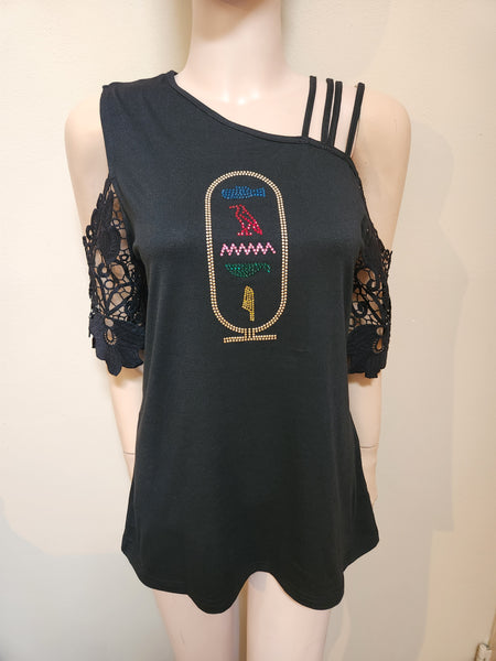 ITEM # 311 BLACK COLD SHOULDER TOP WITH CARTOUCHE DESIGN