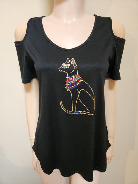 ITEM # 078 BLACK COLD SHOULDER TOP WITH GODDESS BASTET DESIGN