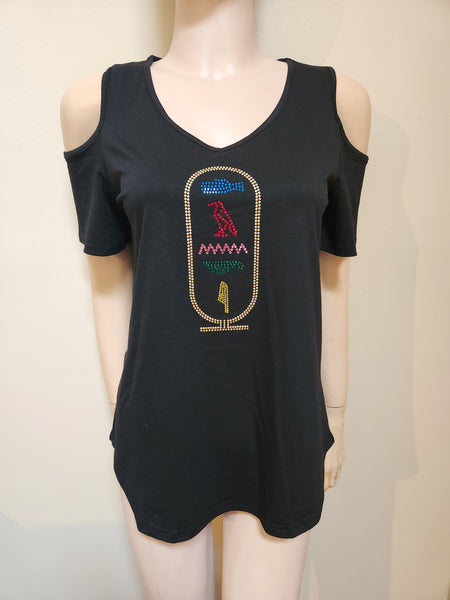 ITEM # 074 BLACK COLD SHOULDER TOP WITH CARTOUCHE DESIGN