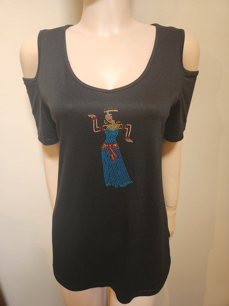 ITEM # 007 BLACK COLD SHOULDER SHORT SLEEVE TOP WITH GAMEELA PHARAONIC DANCER DESIGN!