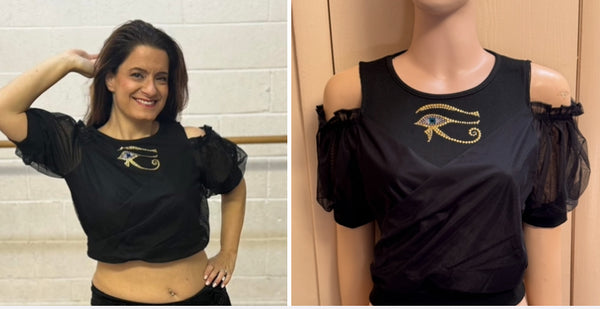 ITEM # 503 SHORT SLEEVE COLD SHOULDER TOP WITH GOLD EYE OF HORUS & MINI EYE