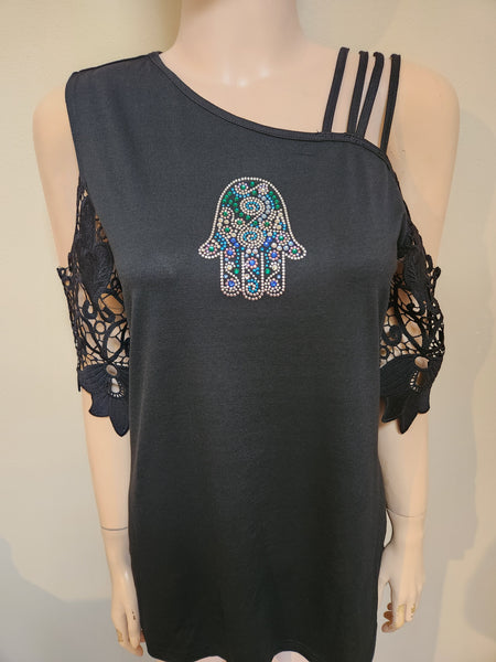 ITEM # 011 BLACK COLD SHOULDER SHORT SLEEVE TOP WITH BLUE/SILVER HAMSA DESIGN