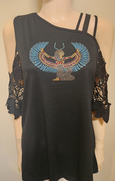 ITEM # 017 BLACK COLD SHOULDER SHORT SLEEVE TOP WITH GODDESS ISIS DESIGN