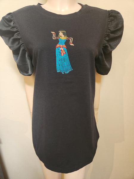 ITEM # 055 BLACK TOP WITH PUFFY SATIN SHORT SLEEVES WITH "GAMEELA" PHARONIC DANCER DESIGN