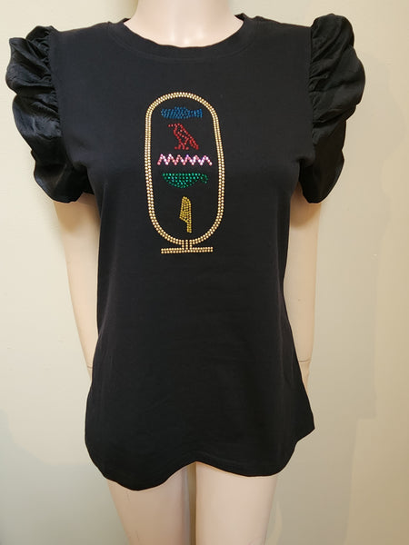 ITEM # 323 BLACK SHORT SLEEVE TOP WITH CARTOUCHE DESIGN