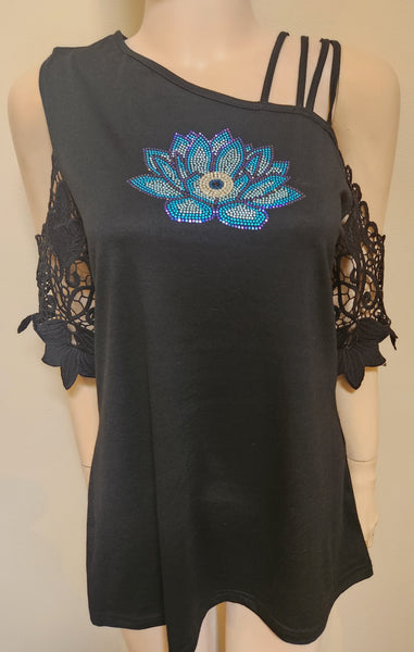 ITEM # 008 BLACK COLD SHOULDER SHORT SLEEVE TOP WITH GAMEELA PHARAONIC DANCER DESIGN!