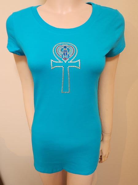 ITEM # 402 TURQOISE CAP SLEEVE TEE WITH ANKH AND SCARAB DESIGN