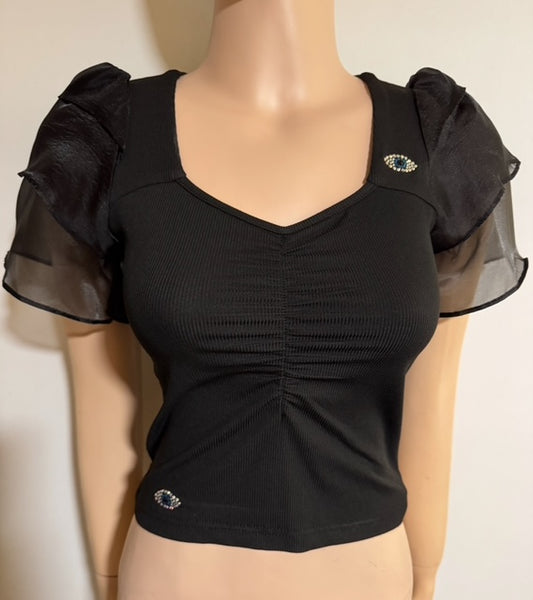 ITEM # 600 BLACK SHORT SLEEVE TOP WITH 2 MINI EYES