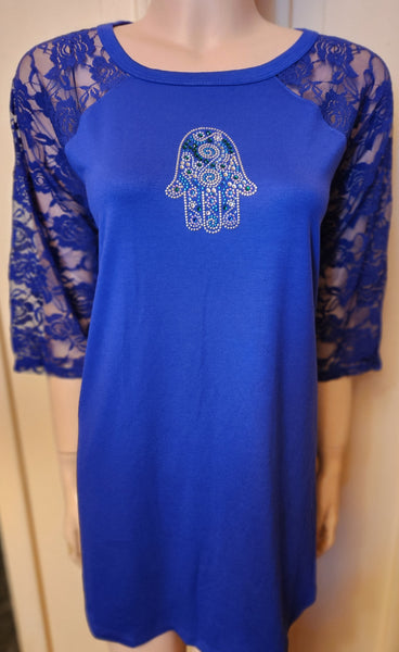ITEM # 010 ROYAL BLUE TUNIC STYLE TOP WITH BLUE/SILVER HAMSA DESIGN