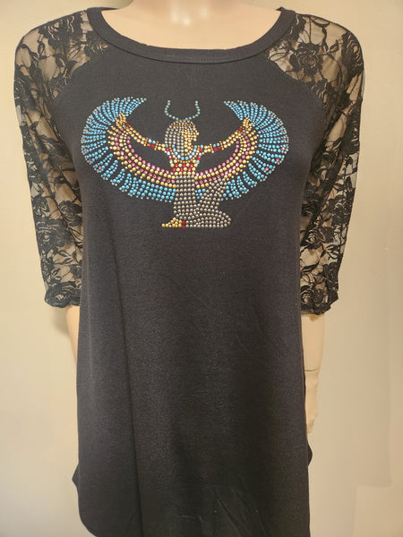 ITEM # 024 BLACK TUNIC STYLE TOP WITH GODDESS ISIS DESIGN