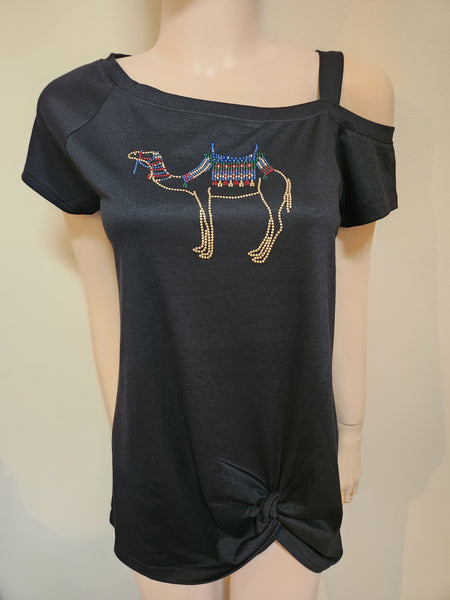 ITEM # 015 BLACK SHORT SLEEVE TEE WITH 1 STRAP WITH CAMEL DESIGN