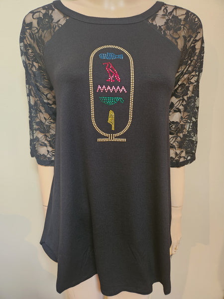 ITEM # 309 BLACK TUNIC STYLE TOP WITH CARTOUCHE DESIGN