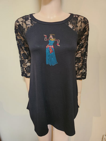 ITEM # 022 BLACK "TUNIC STYLE" TOP WITH PHARAONIC "GAMEELA DANCER" DESIGN
