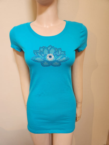 ITEM # 401 TURQOISE CAP SLEEVE TEE WITH LOTUS AND EYE DESIGN