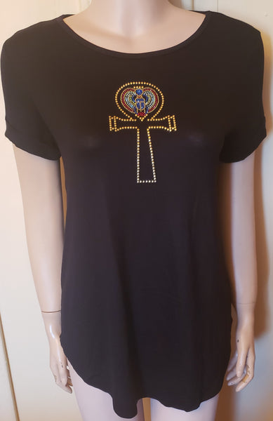 ITEM # 063 BLACK SHORT SLEEVES TEE WITH ANKH AND SCARAB