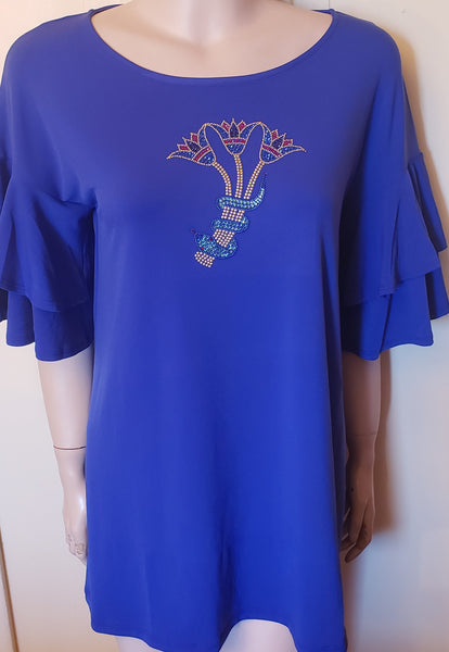 SUPER SALE!!! ITEM # 098 ROYAL BLUE ELBOW LENGTH DOUBLE RUFFLE SLEEVE TOP WITH LOTUS FLOWER & SNAKE DESIGN